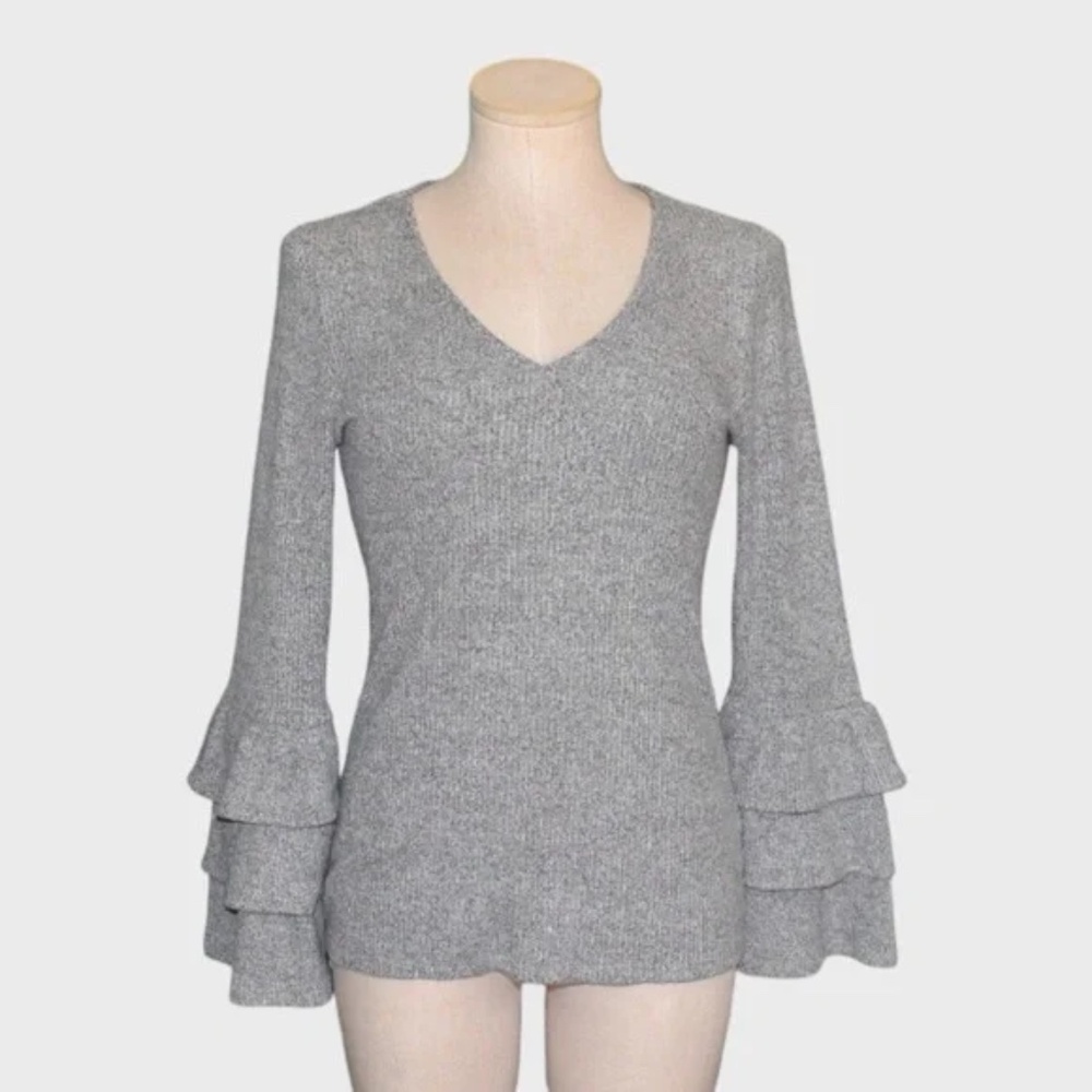 White House‎ Black Market Ribbed V Neck Ruffle Sleeve Sweater